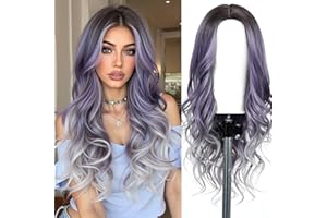 Esmee Perruque Ombre mauve à gris pour Femmes de 24 Pouces, Longue onduléesNaturelle, Perruque Synthétique Résistante à la Chaleur