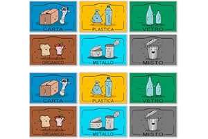 GamesMonkey® - Adesivi Raccolta Differenziata Piccoli Ricliclo Rifiuti Spazzatura v2 - Impermeabili Lavabili Divertenti Bambini - Italiano Inglese - Conformi alla UNI 11686 (15,0 x 10,0 cm, 12 Pezzi)