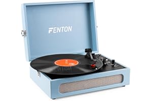 Fenton RP118E Tocadiscos Maleta Vintage Azul con Altavoz Estéreo, Bluetooth, USB, Conversor MP3, Salida Jack Auriculares y 3 Velocidades - Reproductor de Vinilo Portátil Retro Estilo Compacto
