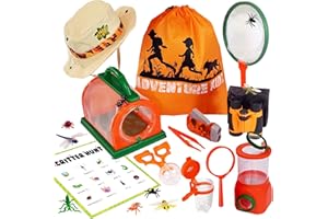 KIDZ@PLAY Adventure Kidz Outdoor Bug Exploration Kit, Binocular with Case, Magnifying Glass, Bug Containers and Viewers, Critter Cage, Butterfly Net, Backpack, Hat,Torch, Ages 3+ Boys and Girls
