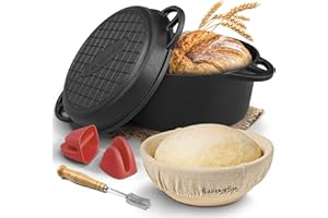 FLAVEMOTION Gusseisen Topf zum Brot backen - Starter-Set mit Gärkorb, Bäckermesser und Brotrezepten - Idealer Brotbackfrom mit Deckel 26cm, Brottopf, Brotbacktopf, Gusseisen Bräter, Cast Iron Pot, Gusseisentopf