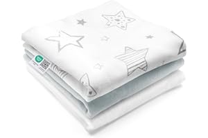 MAKIAN Muselinas Bebe Algodon 80x80 Franela | Gasas para Bebes 3 Ud | Arrullo para Bebes 100% algodón, sin sustancias nocivas, Certificado Oeko-Tex - Estrellas/Blanco/Gris