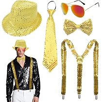 EMAGEREN Lot 6 Accessoires Disco Argent - Tenue Scintillante Homme Avec Chapeau, Bretelles, Cravate, Noeud Papillon, Gants, Lunettes - Années 70