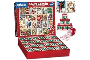 CLEMAS Calendrier de l'Avent 2024 Puzzle de Noël - Puzzle de 1008 pièces pour le compte à rebours de Noël sur 24 jours, Puzzle de timbres vintage pour adultes et enfants, Cadeau de Noël pour garçons et fille