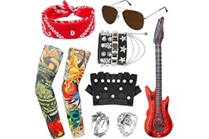 HEAWAA 11 Piezas Disfraces de Rock Accesorios, Punk Runk Gótico Rockero Kit con Manga Guitarra Inflable Gafas de Sol Bandana Guantes Pulsera Anillo para Hombres Adulto Fiesta Del Año 70 80 90