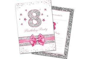 Olivia Samuel 20 x 8th Birthday Party Invitations from Pink Sparkly Design and Photo Effect Silver Glitter - A6 Postcard Size with envelopes
