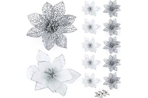 ABSOFINE Glitter Christmas Poinsettia Ornaments 24Pcs Sliver Artificial Flower Tree Decorations for Christmas Tree Wendy Wreaths Decor