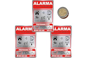 EWIG Disuasorio Alarma ORIGINAL Auténtico Tdla. 3 Etiquetas adhesivas de ALUMINIO resistente agua. PUERTA VENTANA BUZON - ROJO Cartel SUPERADHESIVO - 7,5X5CM - 3 Unidades - Cartel Videovigilancia y Alarma