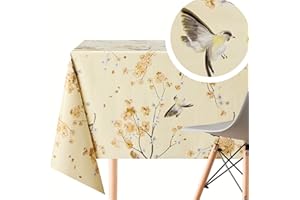 KP HOME Bonito Mantel PVC Diseño de Pájaros en Flores - Elegante Beige Crema Aves Patrón Mantel de Hule 250x140 cm Fácil Limpieza Liso Mantel Hule Mesa Rectangular - Impermeable Hules Para Mesas Rectangular