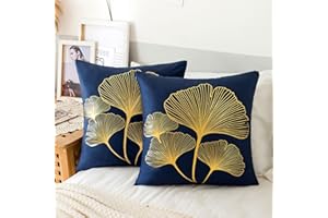ETOLISHOP Cuscino per Divano Blu 40x40 Federe Cuscini Divano Velluto Copricuscini Divano Federe per Cuscini Oro Ginkgo Biloba Modello Arte Astratta Fodere per Cuscini per Soggiorno Camera Balcone