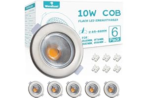 ‎WONDLUMI Wondlumi 6er LED Einbaustrahler 230V 10W COB Set LED Spot Rund Gebürstet Edelstahl Deckenspots 65-85mm Lochmaß 3000K Warmweiß 850LM für Schlafzimmer