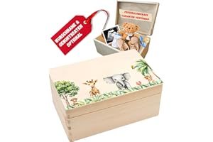 DEschenk Erinnerungsbox Baby - Geschenk zur Geburt, Erinnerungskiste Baby, Baby Erinnerungsbox in verschiedenen Größen (Safari, keine Personalisierung)