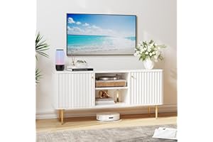 HOLTICO TV Stand Cabinet 55 Inch, Fluted Modern Wooden TV Console Unit with Storage and 2 Doors, White Cabinets for 55/60/65 Inch Television, TV Tables for Living Room, Bedroom