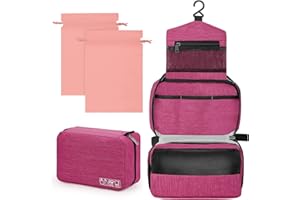 Sarsumir Trousse de Toilette Femme Homme Voyage Trousse Maquillage Trousse Toilette Grande Capacité 1 Trousses de Toilette + 2 Sacs à Cordon, Rose Rouge