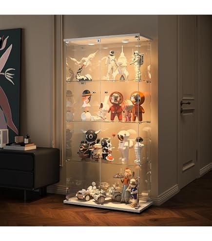 Vitrine En Verre Trempé Avec LED - 2 Étagères, Porte Verrouillable, Dimensions 43x37x86cm, Blanc/Noir