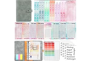 QUPUCE A6 Budget Planner Deutsch, PU Budgetplaner Geld Sparbuch mit 8 Geld Sparen Challenge, Haushaltsbuch mit 10 Binder Pockets Organiser,12 Sinking funds, Matching Stickers and Labels
