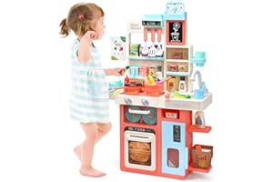 CUTE STONE Cucina giocattolo, lavello, fornello con vapore, luce e suono, 63 pezzi di accessori da cucina giocattolo con cibo giocattolo, pentole, utensili, set da cucina per bambini, pe