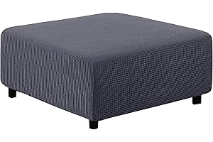 qiden Square Footstool Cover Jacquard Plush Thicker Large Stretch Pouffe Cover Anti-Slip Ottoman Slipcovers With Elastic Bottom, Machine Washable-dark grey-Large