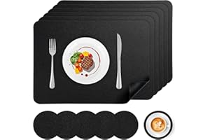 APLKER Placemats and Coasters Set of 6, Heat Insulation PU Leather Table Mats Waterproof Washable Dining Place Mats for Kitchen Indoor Outdoor Party,16.9 x11.8 inches(43 * 30cm) - Black