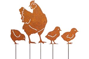 JYUECIAN Hühner Gartenstecker 4er Ostern Rost Deko Gartendeko für Draußen, Edelrost Metall Huhn Küken Roststecker Bauernhof Frühling Deko