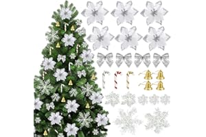 BOFUNX 120pcs Fiori di Natale Glitterati Fiori per Albero di Natale Fiori Artificiali Natale Glitter con Fiocchi Natalizi e Fiocco di Neve Ornamenti Addobbi per Decorazione Natale Capodanno