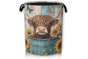 HUSITI Highland Cow Large Storage Basket, Sunflower Laundry Hamper/Bathroom/Home Decor/Collapsible Round Storage Bin,Boys Girls Dirty Clothes Hamper/Boxes/Toys Storage 66L