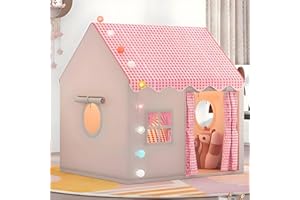 MUHMUH Children's tent Playhouse with Star Lights and Tote Bags, Kids Play Tent Indoor & Outdoor, Washable Teepee Tent for Girls, Kids Play House for Toddler, Neutral Color Play Room Furniture（Pink）