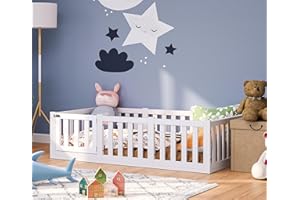 ‎BELLABINO Bellabino Tapi Bett 80x160 cm, Kinderbett mit Rausfallschutz, inklusive Lattenrost, Montessori Bodenbett für Jungen und Mädchen aus Kiefer Massivholz, weiß lackiert, Bed