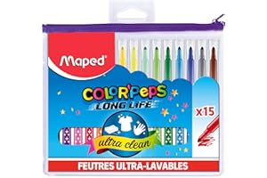 Maped - Feutres Long Life - 15 Feutres de Coloriage Ultra-lavables et Longue Durée - Pointe Moyenne Bloquée - Couleurs Vives - Idéal Fournitures Rentrée Scolaire - Trousse Plastique Zippée