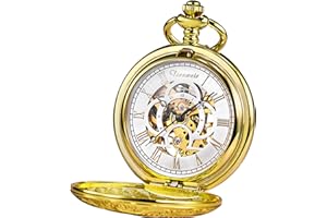 TREEWETO Unisex Pocket Watch with Chain Analogue Hand Winding Antique Engraved Roman Silver/Gold/Black