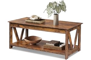 WLIVE Rustic Brown Wood Coffee Table with Storage Shelf, 110CM, 2-Tier Center Table for Living Room, Bedroom, Office and Balcony