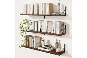 Feihorrm Wall Mounted Floating Book Shelves with Brackets, 90 cm Floating Shelves Set of 3, Floating Shelves Wooden Wall Mounted Shelves for Wall Decor, Bathroom, Bedroom, Living Room(Walnut)