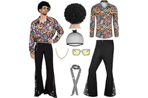 minkasic 70er Jahre Disco Kostüm Set Hippie Herren Outfit mit Schlaghose Hemd 80s Fasching Bekeidung für 50s 60s 70s Cosplay Halloween Party