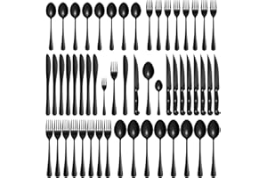 Velaze Juego de Cubiertos, Vijilla de Acero Inoxidable 18/10, 48 Piezas de Cubertería Incluyen 16 Cuchillos de Mesa, 16 Tenedores, 16 Cucharas, Aptos para Lavavajillas - Negro