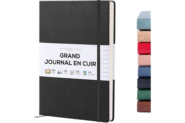 Beechmore Books Carnet de Notes Lignées - XL A4, Noir I Journal Couverture Rigide Premium Cuir Vegan, Papier Ligné Crème Épais 120 g/m², Boîte Cadeau, pour Écrivain, Journaliste, Réunion, Étudiant