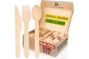 WOODENHOUSE LIFELONG QUALITY Juego de cubiertos desechables - Set de 320 piezas (120 Tenedores | 80 Cuchillos | 120 Cucharas de madera) - Utensilios 100% Biodegradables y Naturales - Eco-Amigables para Fiestas y Eventos