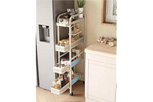 UMDONX Premium Metal Storage Trolley Pull out Drawers Narrow 4 Tier, Vegetable Fruit Rack Kitchen Organiser Spice Cart, Slim Shelving Unit with Universal Lockable Wheels - White