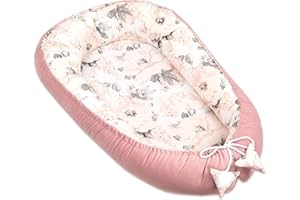 PIMKO Nid douillet multifonctionnel 2 côtés pour bébé - Hypoallergénique - Cocon - Lit de voyage - 55 x 90 cm - Coton et velours (fleur et rose)