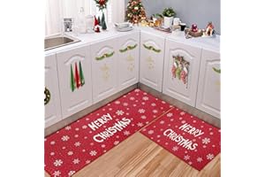 CAROMIO Weihnachts Küchenteppiche 2 Stück 40x60+40x120 cm Küchenläufer rutschfest Waschbar Flur Bodenmatte und Fußmatte Küchen Teppich Weihnachtsdekor Küchenmatte mit Schnee Merry Christmas Rot