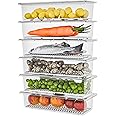 TEX-RO 6 Fridge Storage Boxes Fridge Organizer with Removable Drain Plate and Lid Stackable Fridge Storage Containers Plastic Freezer Storage Containers for Fish, Meat, Vegetables, Fruits(1500ML)