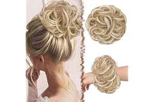 ‎FESHFEN FESHFEN Haarteil Mit Gummiband, Groß Dutt Haarteil Haargummi Mit Haaren Gelockt Haardutt Synthetisch Haarverlängerung Pferdeschwanz Haarteile für Damen Mädchen, Dreckige Blonde 55g