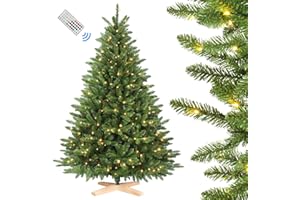 SHareconn Árbol de Navidad Artificial 210cm Pre-Iluminado con 400 Luces RGB Multicolor y Mando a Distancia, 1381 Puntas de Ramas con Base de Madera Cruzada Estable, Decoración para Fiestas en Hogar