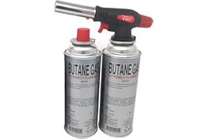 Starlet24® Soplete (+ 2 cartuchos de gas), quemador de gas, encendedor de camping, encendedor de gas, soplete con encendido piezoeléctrico, tamaño de llama ajustable para cartuchos de gas con