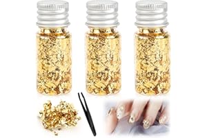 VFANDV Feuille d'or, 3 Bouteilles de Feuilles d'or Décoratifs avec Pince à épiler Feuille d'or Artisanale Feuille Décorative pour la Peinture Art de la Résine Statue Dorée Art des Ongles