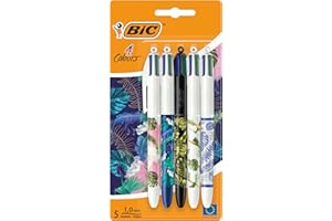 BIC 4 Couleurs Décors Stylos-bille Série Botanique Pointe Moyenne (1,0 mm) - Designs Botanique assortis, Coffret de 5