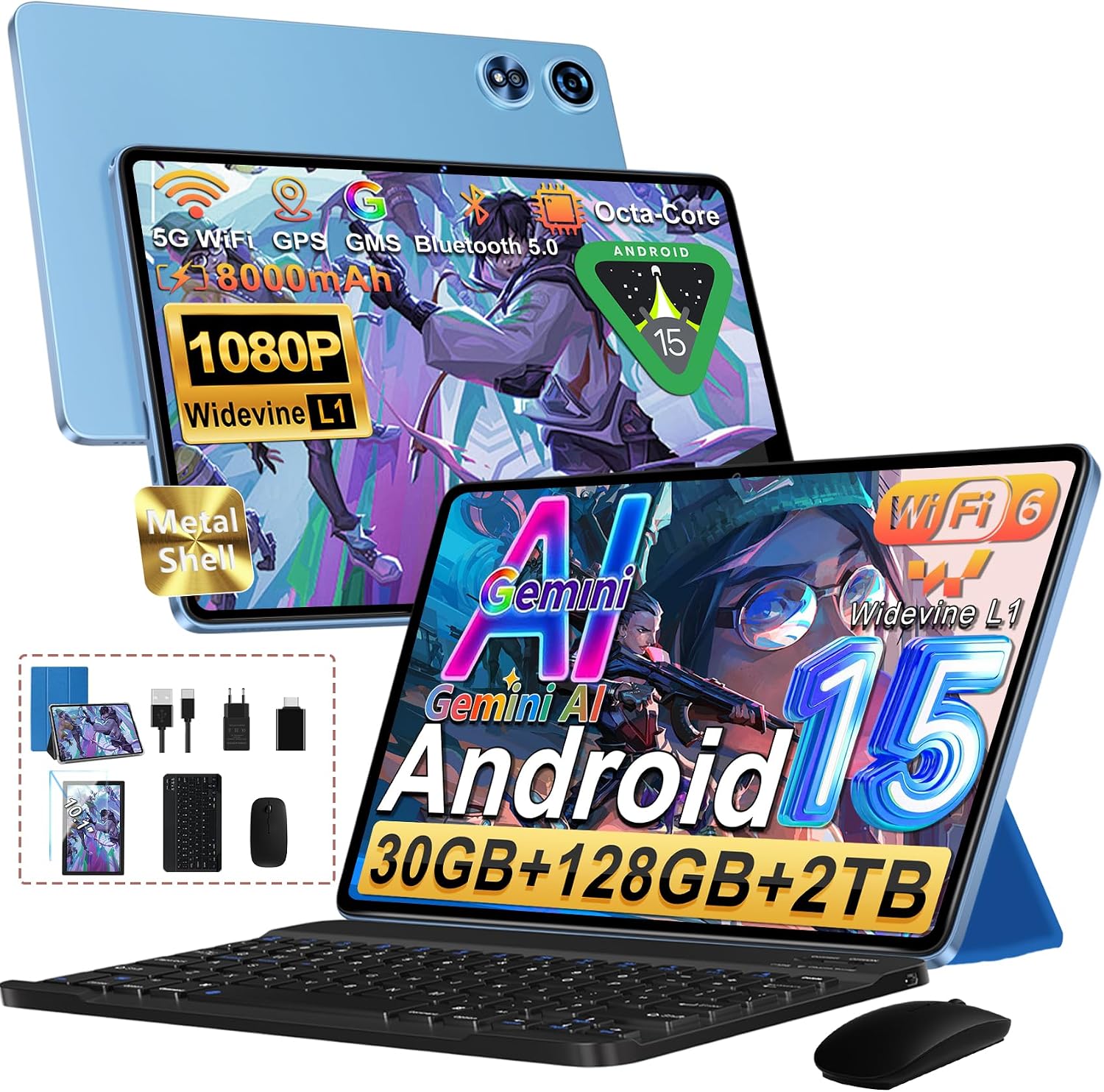 Tablet 10 Pulgadas 30GB+128GB, 8000mAh, Android 15, IPS Pantalla FHD 1080, Procesador Octa-Core, Certificación GMS/ Widevine L1/ Control parental, Tableta PC con Cuerpo de Metal, Teclado y Mouse- Azul