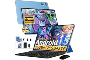 UJJ Android 15 Tablet, 128GB ROM+2TB TF, 30 RAM, 10 Pulgadas Tablet táctil con Teclado y ratón, 1280 * 800 IPS HD, Widevine L1, Gemini AI, 2.4G/5G WiFi, Octa-Core, 5+8MP, BT 5.0, 8000mAh, Metálica, Azul