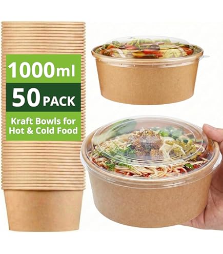CHEF ROYALE 20x 1300ml Kraft Saladepapier Kommen met Deksels - Wegwerp & Herbruikbare Afhaalkommen voor Warm/Koud Voedsel - Lekvrije Soep Containers