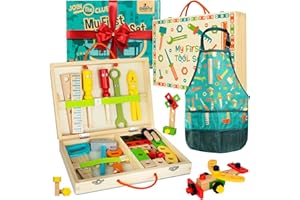 Cheerful Children Toys High-Grade Kids Tool Set, 36 Pcs Wooden Tool Set for Kids 3-7, Include Portable Tool Box & Adjustable Apron , DIY Gift for Young Builders, Play Tools for Creativity & Fun