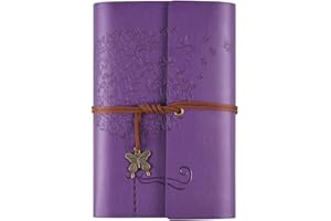 OMEYA Diario de cuero, Cuaderno recargable para mujeres y niñas, libretas bonitas libreta pequeña diario de viaje retro forrado,regalos para chicas A6 13 x 18,5 cm (Púrpura)